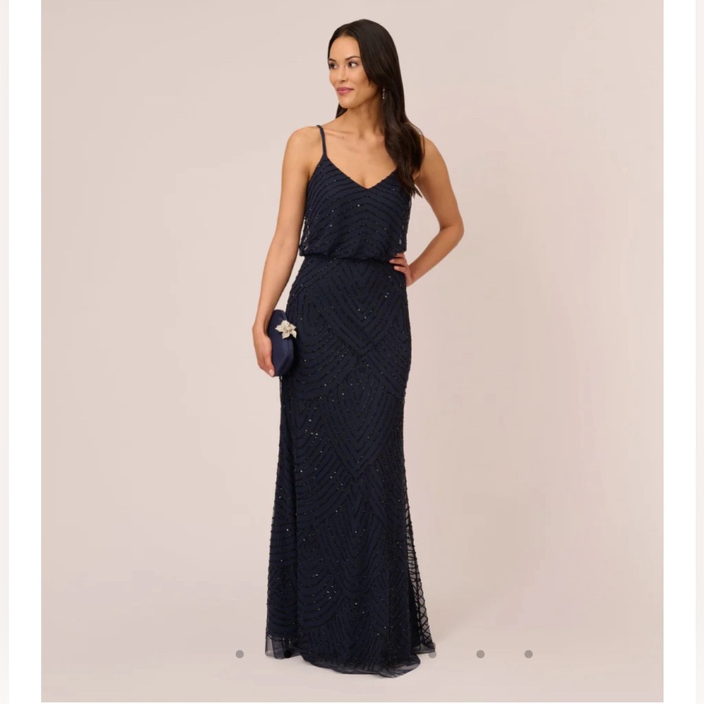 Adrianna Papell - Art Deco Beaded Blouson Gown In Navy Black - NWT - Size 12